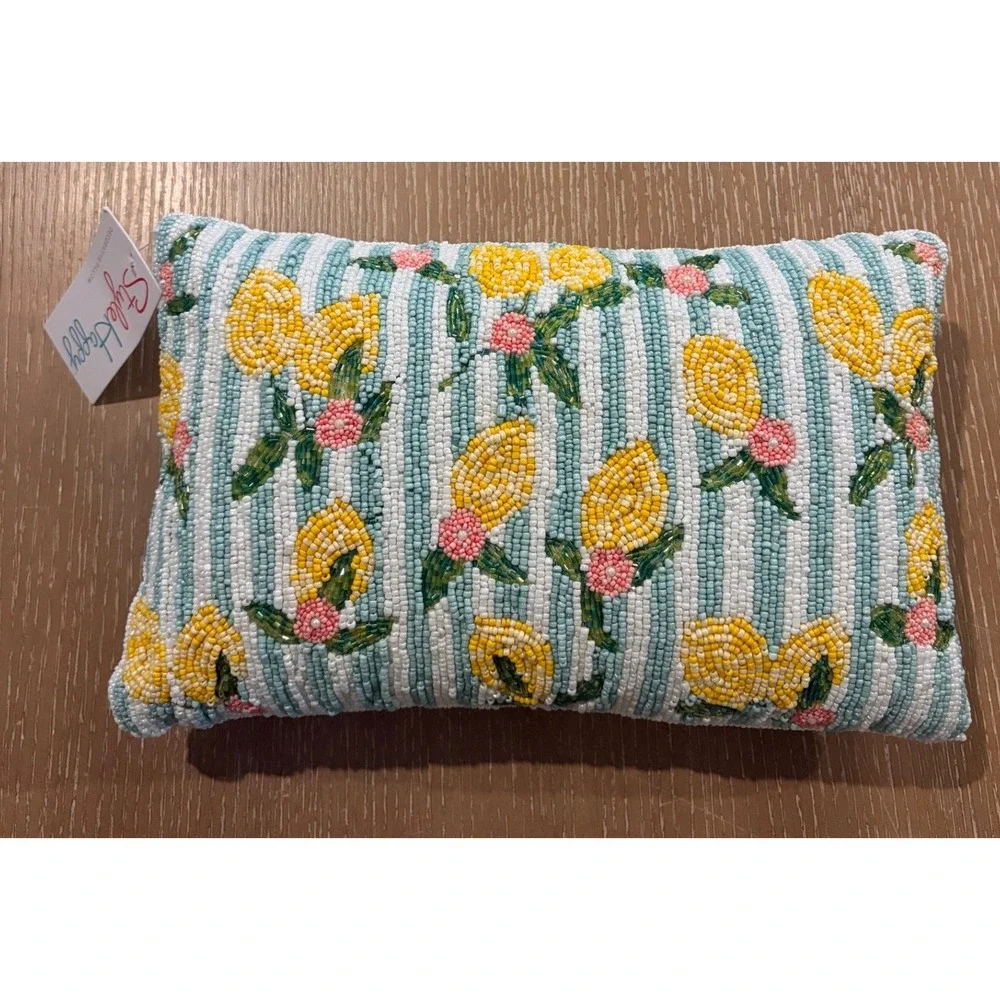 Style Happy Beaded Lemon Floral Striped Decorative Throw Pillow Blue Yellow NWT